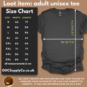 Black t-shirt with size chart on a brown background